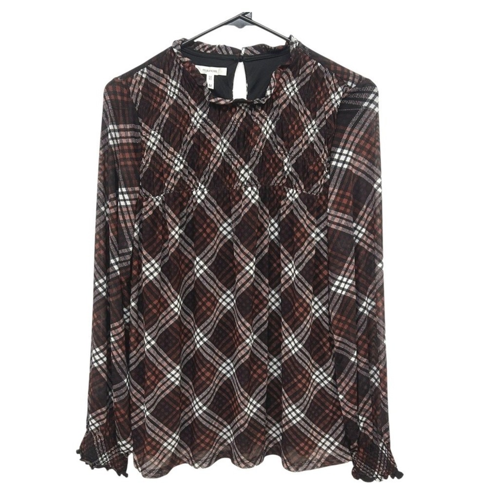 Sheer Plaid Mesh‎ Blouse M High Neck Long Sleeve Ruffle Dark Academia Romantic